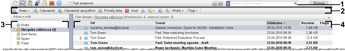 Rozdział 3. Moduł Wiadomości e-mail 3.1. Widok ogólny Użyj jednej z poniższych metod, aby otworzyć moduł Wiadomości e-mail Kliknij ikonę E-Mail w pasku tytułu.