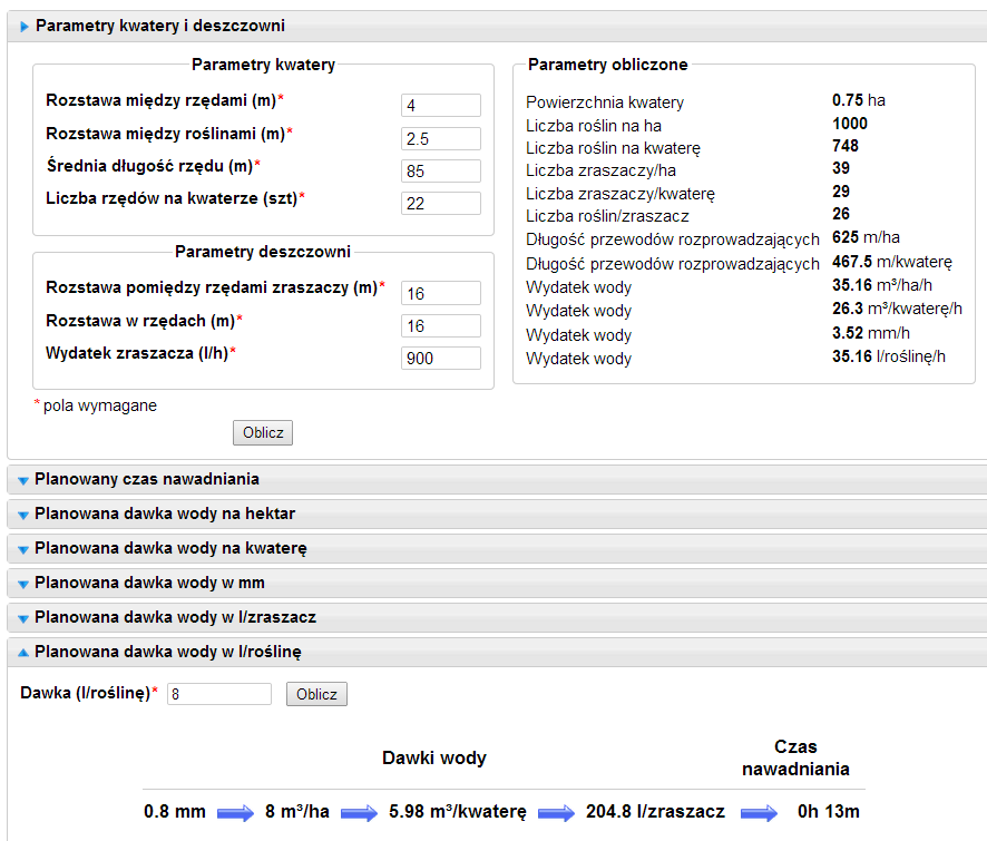 Potrzeby wodne roślin uzależnione są od przebiegu pogody (ETo), zmieniających się w czasie wegetacji specyficznych cech określonego gatunku roślin (współczynnik roślinny k), oraz wielkości roślin.