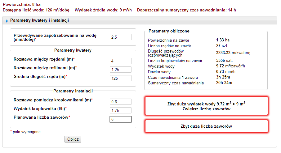 Po naciśnięciu klawisza oblicz otrzymujemy informację, że przy takich założeniach mamy zbyt duży wydatek wody w jednostce czasu większy niż możliwości pompy.