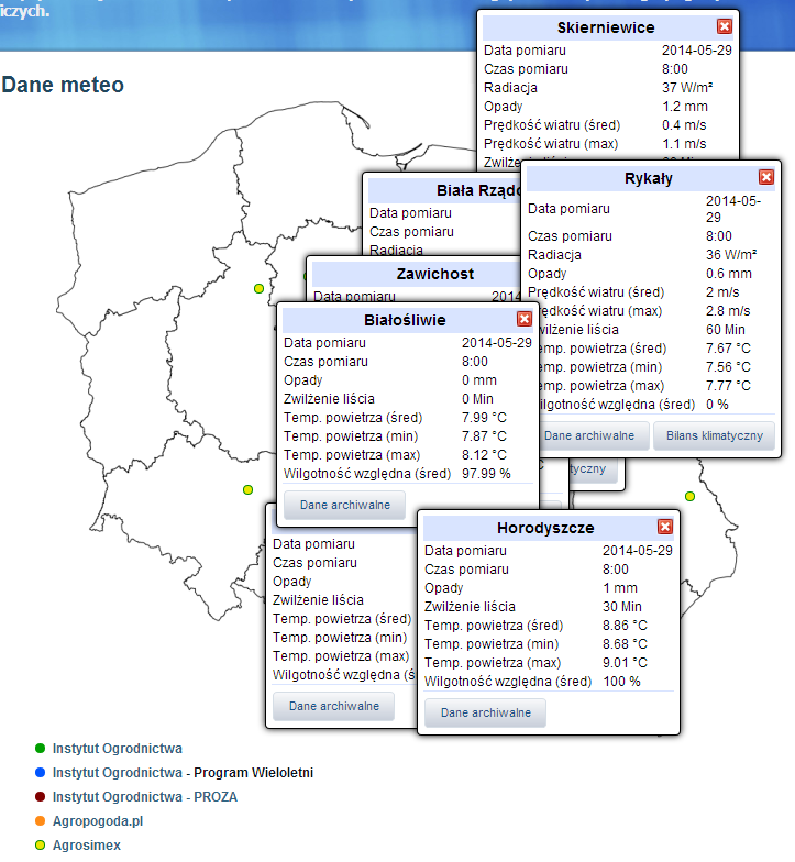 - strony te zawierają dane meteo dla wybranych stacji meteorologicznych. Dane są automatycznie pobierane z serwera przechowującego wyniki pomiarów meteorologicznych.