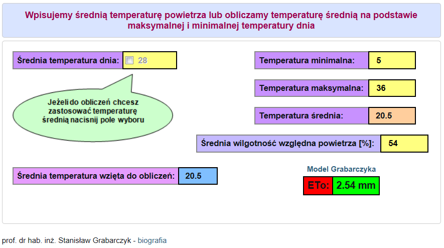 Do wyznaczania wartości ewapotranspiracji wystarczą pomiary temperatury i wilgotności powietrza: ETo = 0,32(d + 1/3T) d średni dobowy niedosyt wilgotności powietrza (hpa); T średnia dobowa