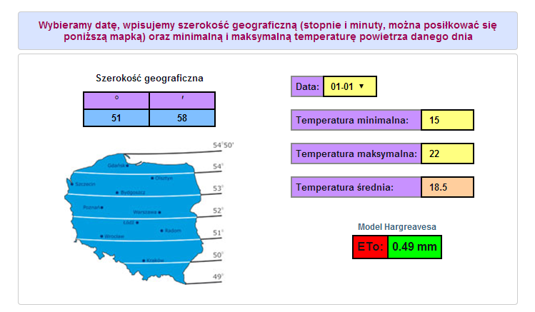 Do wyznaczania ewapotranspiracji przy wykorzystaniu modelu Hargrevesa potrzebne są pomiary maksymalnej i minimalnej temperatury powietrza oraz dane dotyczące promieniowania słonecznego docierającego