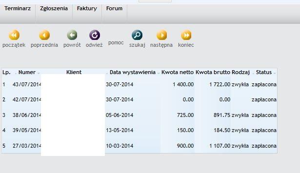 Po kliknięciu na numer faktury otworzy się faktura w formacie dokumentu pdf którą można zapisać na dysku i/lub wydrukować.