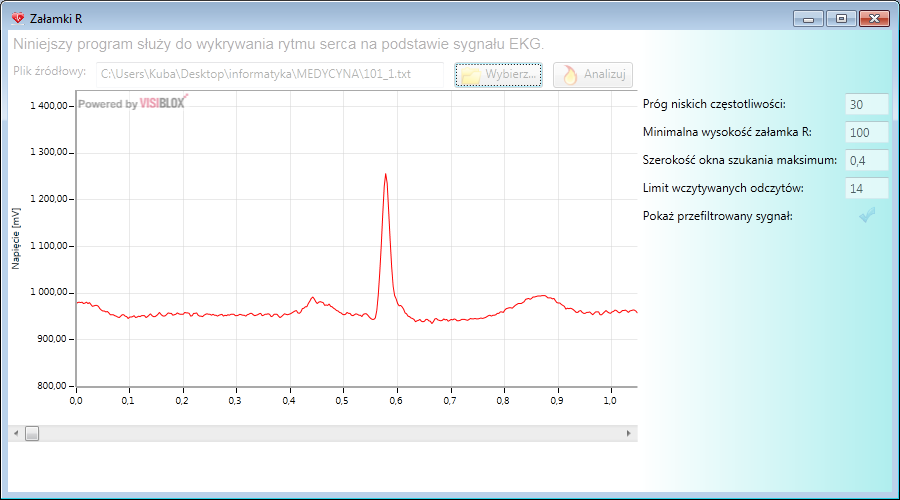 Po wczytaniu sygnału program natychmiastowo wczytuje próbki i wyświetla je w postaci wykresu. Rysunek 8 Rysunek 8 parametry analizy EKG Po prawej stronie znajdują się parametry analizy sygnału EKG.