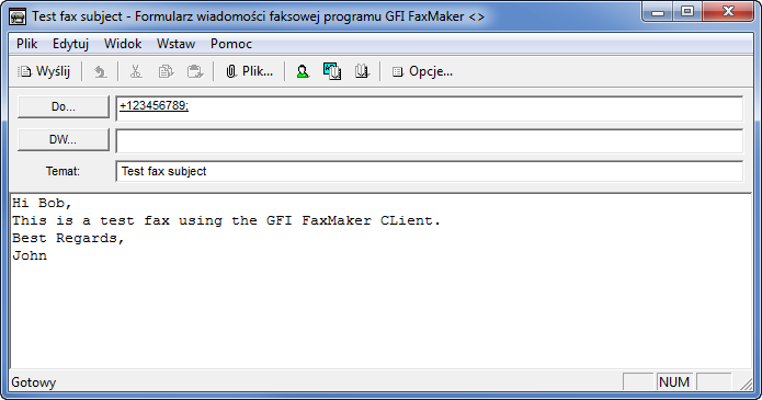 6 Korzystanie z ekranu Formularz wiadomości faksowej programu GFI FaxMaker Na ekranie Formularz wiadomości faksowej programu GFI FaxMaker dostępny jest szereg opcji wysyłania faksów.