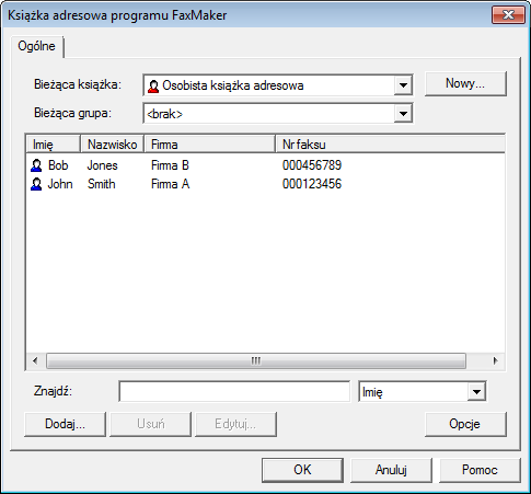 Screenshot 8: Książka adresowa programu GFI FaxMaker Książka adresowa programu GFI FaxMaker zawiera następujące elementy: Książki adresowe służą do przechowywania kontaktów i grup.