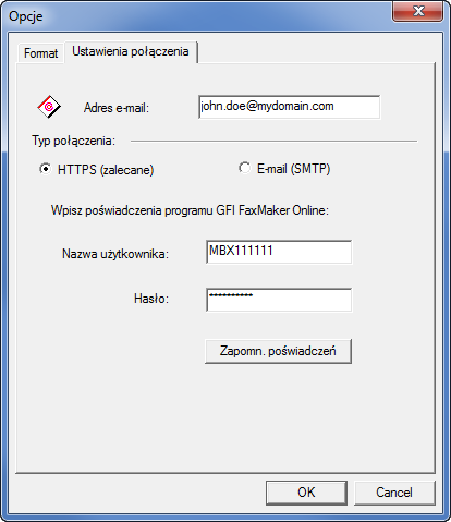 Screenshot 9: Łączenie z programem GFI FaxMaker Online za pośrednictwem protokołu HTTPS