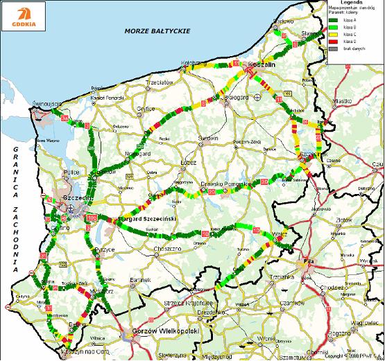 Na poniższych rysunkach znajduje się stan techniczny poszczególnych dróg krajowych w Województwie Zachodniopomorskim dla różnych uszkodzeń nawierzchni.
