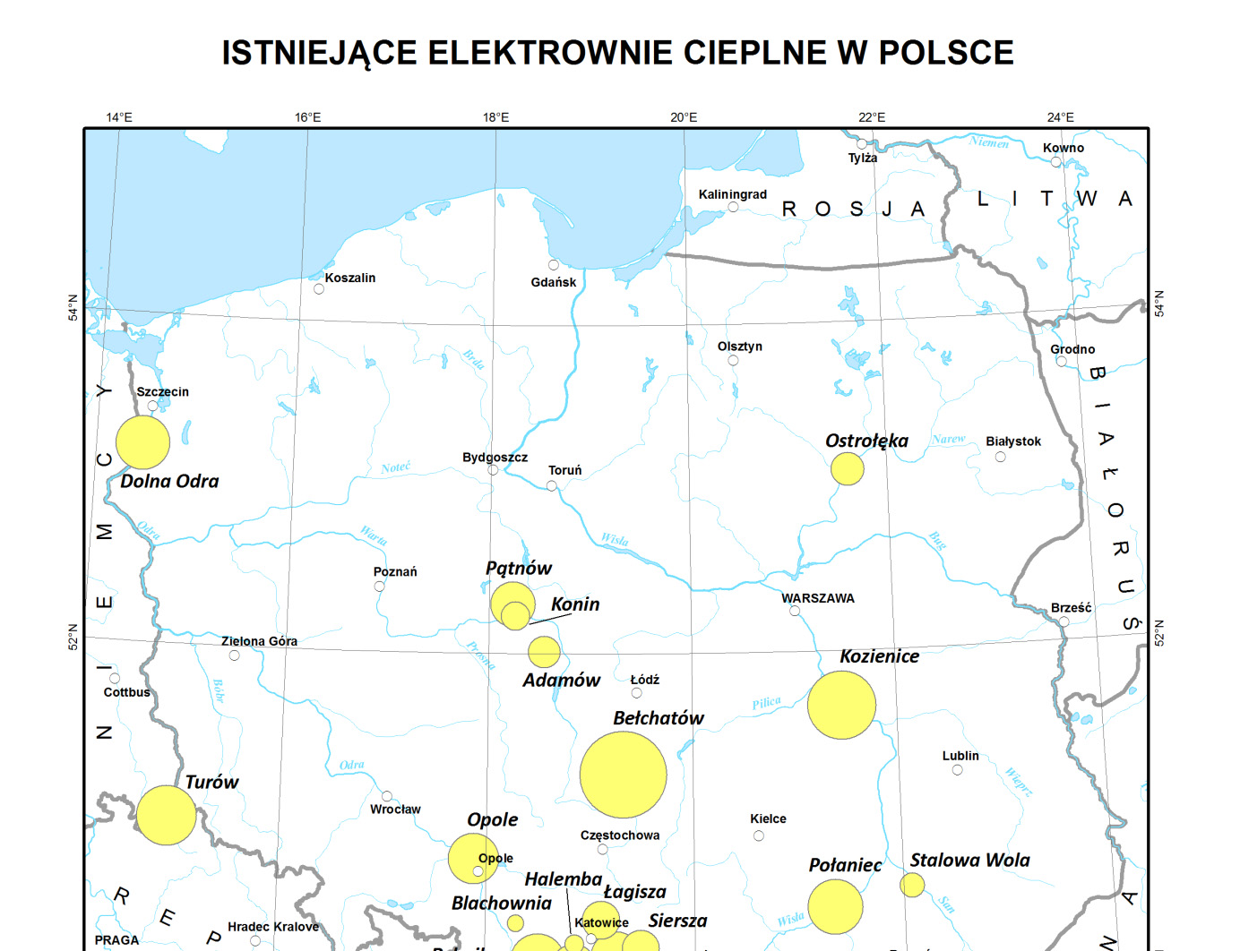 Rysunek 52. Istniejące elektrownie cieplne w Polsce [źródło: CIRE.pl].