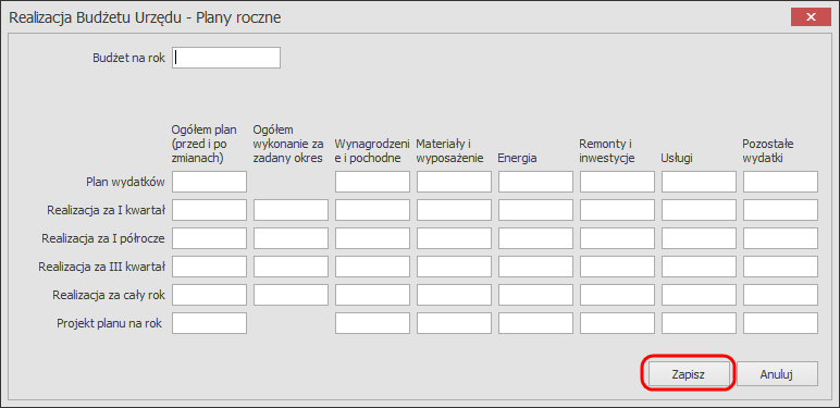 Realizacja budżetu Urzędu W tym miejscu możemy wprowadzić realizację budżetu na poszczególne lata. W celu edycji istniejącego budżetu, należy wskazać rok i wprowadzić zmiany w tabeli.
