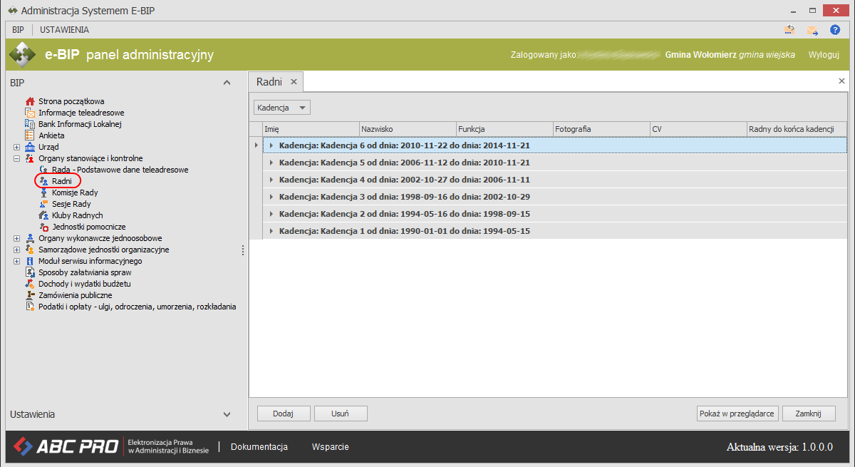 Radni Widok listy radnych podzielony jest domyślnie na wcześniej zdefiniowane kadencje.