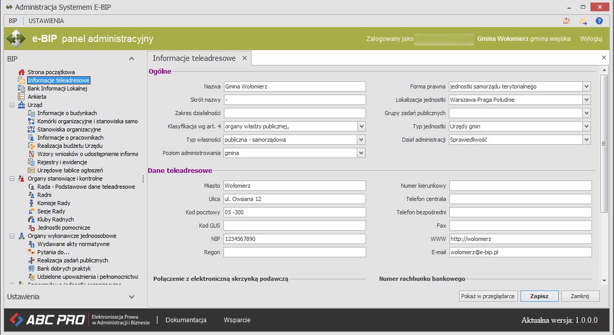 Opcje programu dostępne są zarówno z górnego jak i lewego menu zostały one zgrupowane w dwóch głównych sekcjach: BIP dostęp do zarządzania treścią danych wyświetlanych na stronie BIP urzędu.