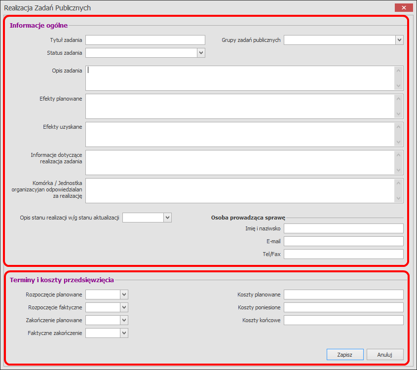 Zostanie wyświetlony poniższy formularz: Formularz ten podzielić można na dwie części: Informacje ogólne w tej części przede wszystkim uzupełnić należy tytuł zadania publicznego, określić grupę do