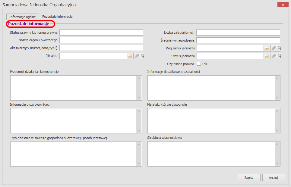 Uzupełniamy otwarty formularz o szczegółowe informacje dotyczących danej jednostki z poszczególnych sekcji.