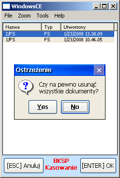 Na ekranie zostanie wyświetlone menu kontekstowe z możliwością wybrania usunięcia wskazanego dokumentu lub wszystkich przechowywanych dokumentów.