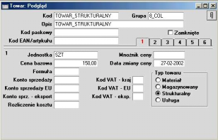 Należy rozpocząć od wprowadzenia do kartoteki towarów towaru Zestaw stereo z zaznaczonym typem Strukturalny. Na zakładce 4 karty towaru należy podać odpowiednią dla niego receptę.