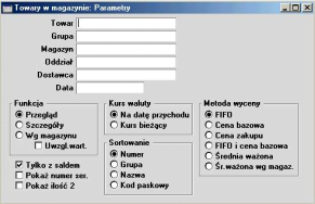 Funkcja Opcji tej należy używać w celu określenia szczegółowości raportu. Status Funkcji tej należy użyć w celu określenia, jakie Rozchody wewnętrzne będą uwzględnione w raporcie.