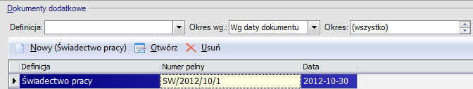 Rys. 63 Dokumenty dodatkowe Stworzone świadectwa pracy możemy filtrować wskazując: Definicję dokumentu; Okres wg daty dokumentu, daty zdarzenia, wskazanego okresu; Interesujący nas Okres.