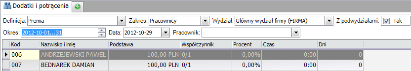 Zakres wyświetlanych danych ograniczany może być przy pomocy dostępnych filtrów (kontekstów): Filtry Definicja dodatku (potrącenia).