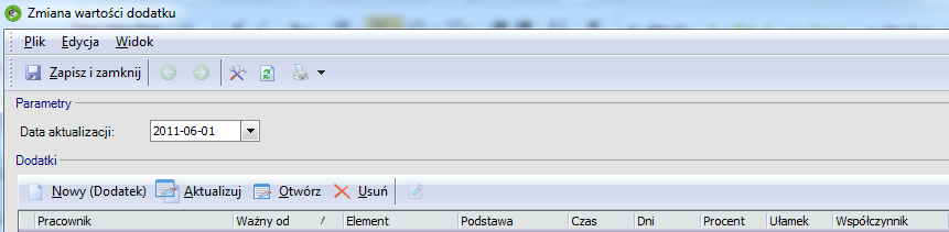 Rys. 81 Zmiana wartości dodatku Kadry Czas pracy Kadry Czas pracy Grafiki Aby skorzystać z grafików czasu pracy należy zakupić minimum wersję złotą programu.