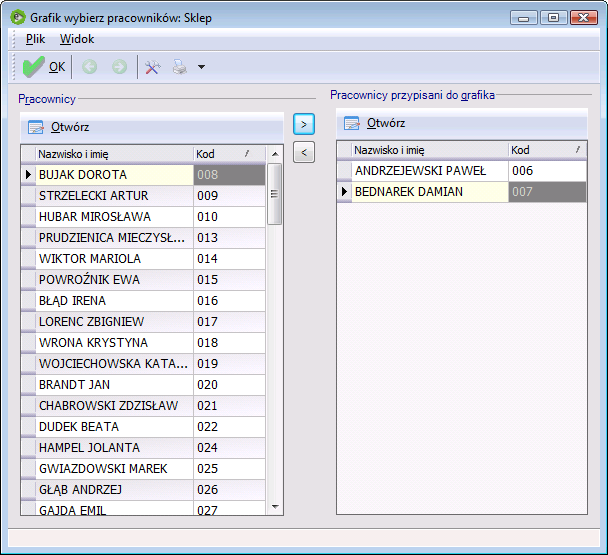 Pracowników do grafiku dodajemy /usuwamy poleceniem Wybierz pracowników, bądź skrótem klawiaturowym F7.