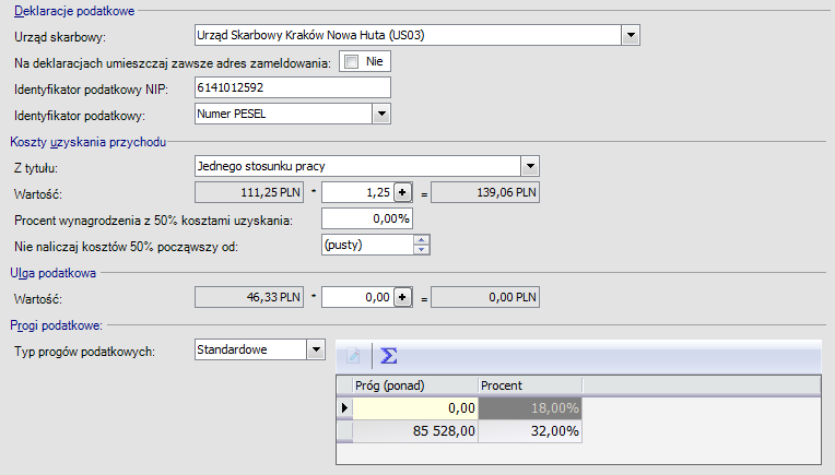 Rys. 8 Pracownik - dane podatkowe Procent wynagrodzenia z 50% kosztami uzyskania.