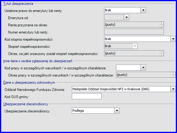 Kadry Dane ubezpieczeniowe Formularz służy do wprowadzania ogólnych danych ubezpieczeniowych niewynikających bezpośrednio ze stosunku pracy czy zawartej umowy cywilnoprawnej. Są to: Rys.