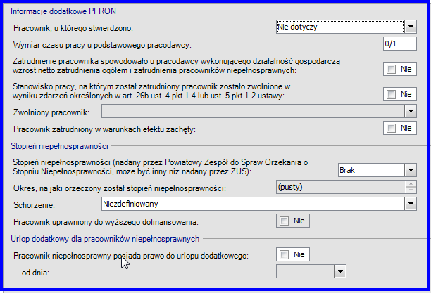 Kadry Inne dane Rys. 11 Pracownik informacje PFRON Formularz zawiera informacje o dokumencie tożsamości, obywatelstwie i stosunku do powszechnego obowiązku służby wojskowej Dokument tożsamości.