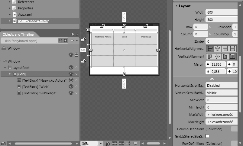 282 Rysunek nr 8: Kontrolka Grid w projekcie typu WPF Źródło: opracowanie własne SketchFlow jako narzędzie do tworzenia prototypów aplikacji w pakiecie Expression Studio W wersji Silverlight 3.