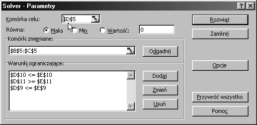 Rys.1. Funkcja celu i zdefiniowane warunki ograniczające. Fig.1. Function aim and defined restrictive conditions. 164 Rys.2. Okno dialogowe Solver Parametry. Fig.2. Window dialogue Solver Parameters.