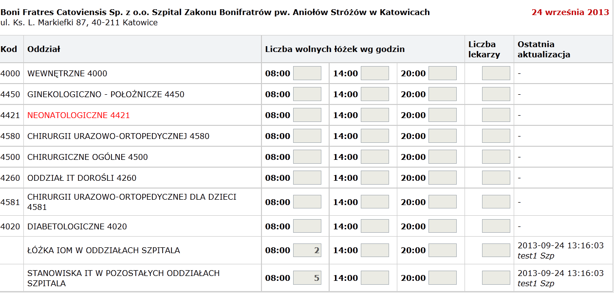 Widok raportu wg szpitali Podgląd raportu szpitala (bez możliwości wpisania danych) Raporty w formacie plików: PDF i Excel