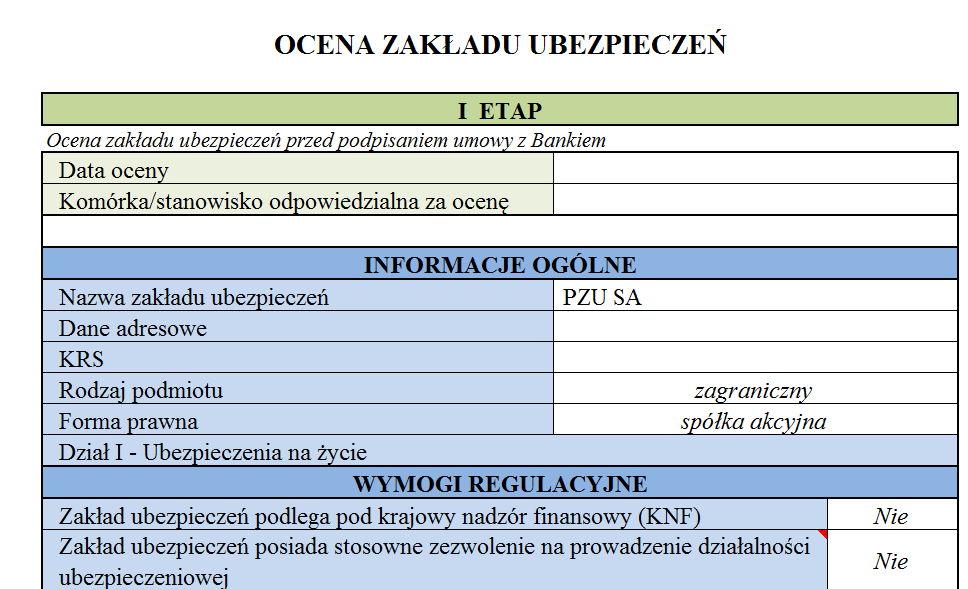 Fragment arkusza do oceny zakładu ubezpieczeń przed podpisaniem umowy z Bankiem W skład narzędzia wchodzą: 1. Model Ocena zakładu ubezpieczeń w aplikacji MS Excel, 2. Instrukcja obsługi modelu, 3.