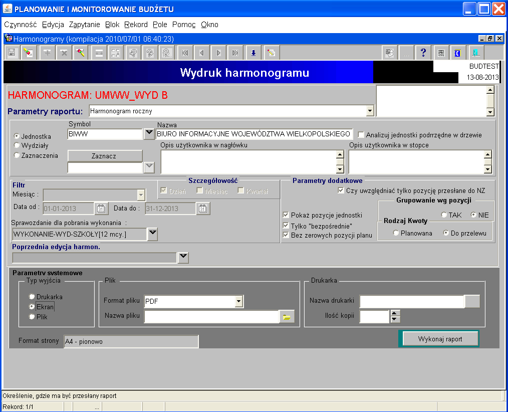 Klikamy na przycisk Pojawia się: Obraz ekranu 8 Wydruk harmonogramu Ważne: Formatka otwiera się w