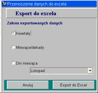 Klikamy na przycisk Pojawi się: Program Ksat 2000i daje możliwość eksportu danych z konkretnego Harmonogramu do programu EXCEL w 3 zakresach.