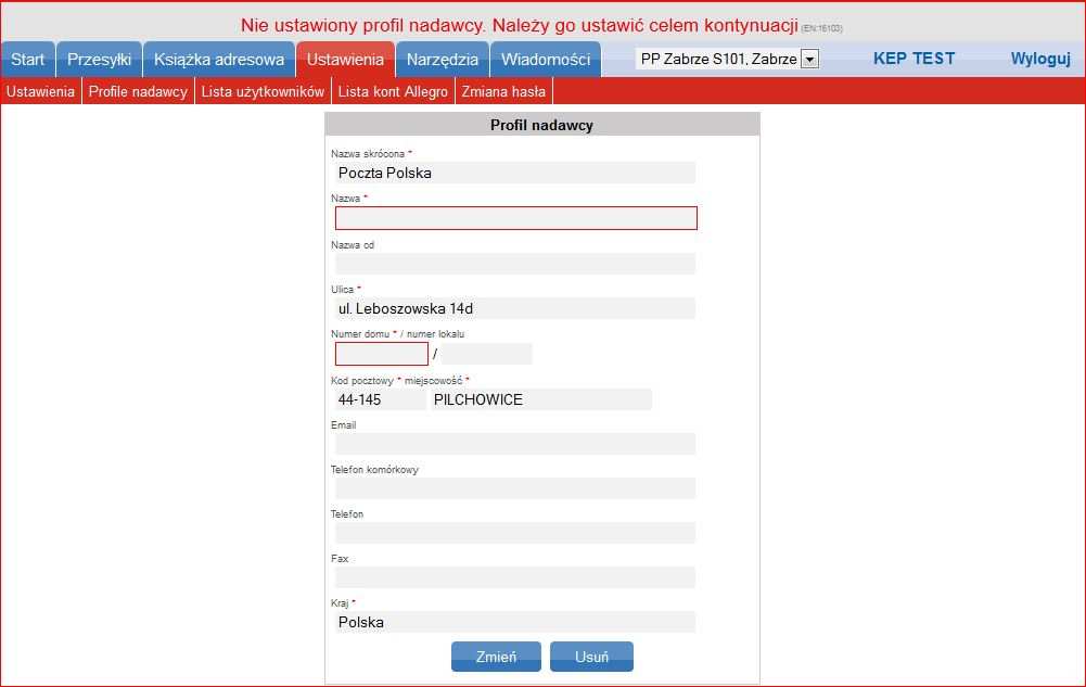 Następnie, system przekieruje użytkownika, na podstronę profilu nadawcy, celem uzupełnienia wymagalnych pól (Rys. 16a). Rys. 16a. Okno ustawienia profilu.