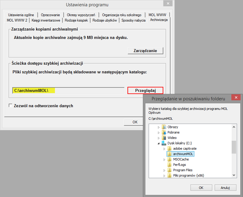 migracji do programu MOL NET+? 2/6 4. W kolejnym oknie kreatora wskaż miejsce składowania danych, a następnie kliknij przycisk Następny.