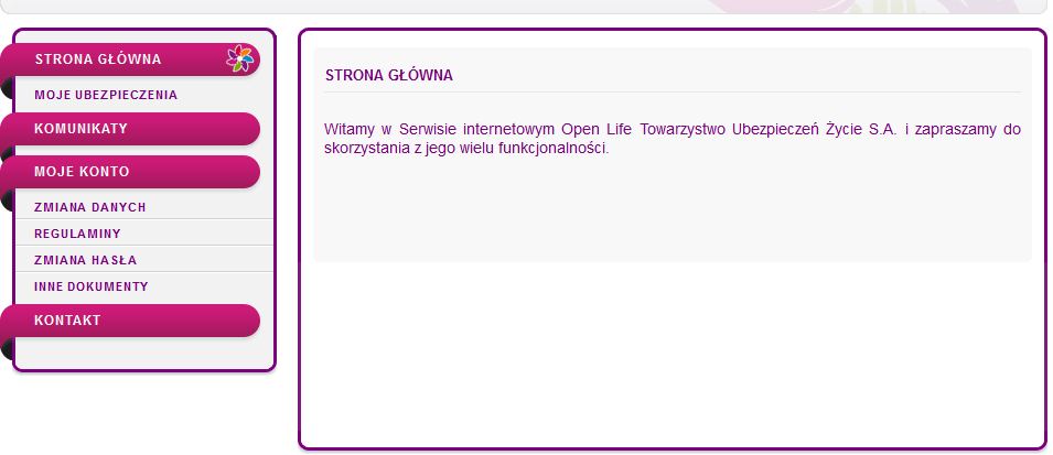 13 5.3 Menu Użytkownika Strona główna strona wyświetlana bezpośrednio po zalogowaniu, może wyświetlać komunikaty wysyłane do Klienta, Moje ubezpieczenia lista Rachunków udziałów Użytkownika,