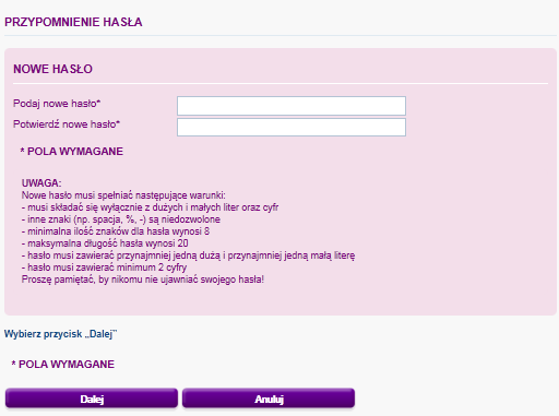 6 Do użytkownika zostanie wysłany sms/mail z hasłem: Po wpisaniu nowego hasła i wciśnięciu przycisku Dalej, hasło zostanie zmienione. 3.
