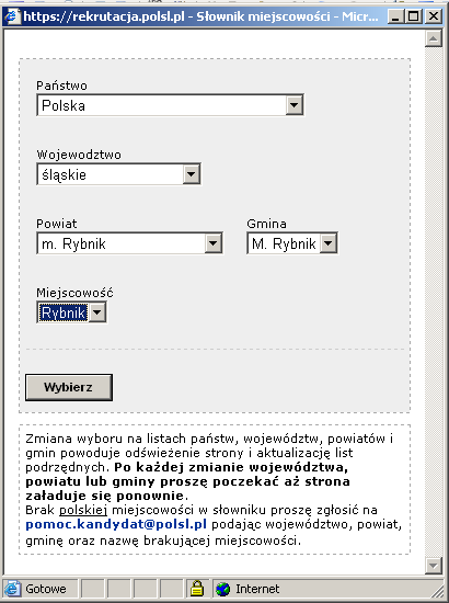 Zmiana wyboru na listach państw, województw, powiatów i gmin powoduje odświeżenie strony i aktualizację list podrzędnych.