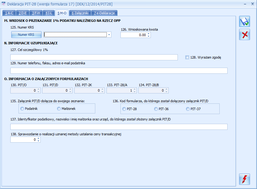Formularz deklaracji PIT-28 Załączniki Rys. PIT-28 zakładka 5. M-O Na zakładce Załączniki Użytkownik ma możliwość dodawania, edycji oraz usuwania załączników PIT-28/A, PIT-28/B, PIT/O.
