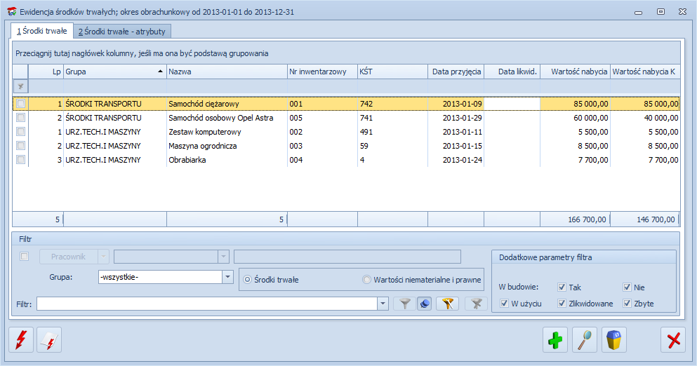 Rys. Ewidencja środków trwałych Zasady dotyczące obsługi list, grupowania, sortowania, wyszukiwania pozycji (filtrowania) i ogólnie przystosowywania wyglądu list do indywidualnych potrzeb Użytkownika