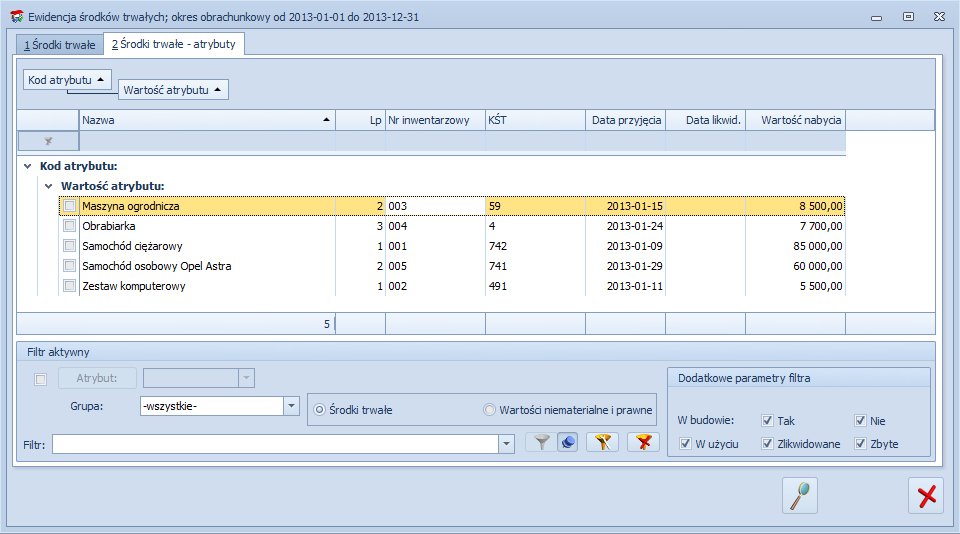 Rys. Ewidencja środków trwałych atrybuty Lista, oprócz standardowych przycisków jak na poprzednich zakładkach, posiada następujące pole: Atrybut - zaznaczając pole, a następnie wybierając z listy
