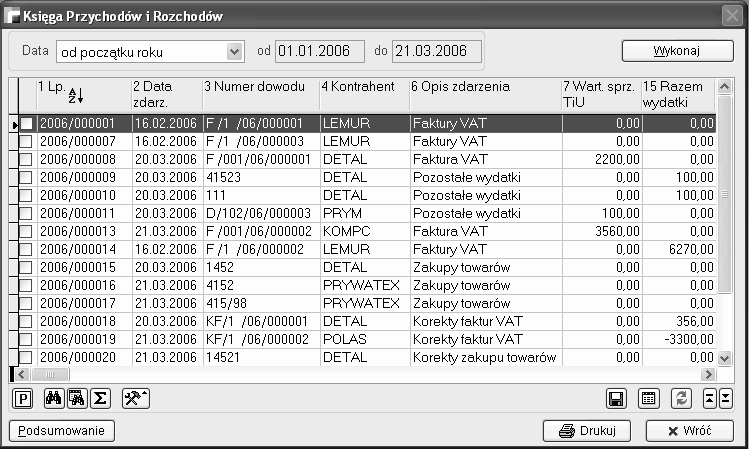 8. Przeglądanie i wydruk KPR Opcja Księga Przychodów i Rozchodów pozwala na przejrzenie i wydrukowanie zapisów KPR z dowolnego okresu czasu. Data Selektor pozwala na wybór okresami zapisów.