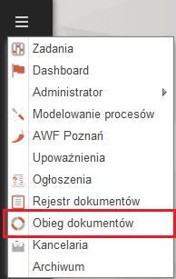 Rysunek 1 Dostęp do modułu Obieg dokumentów z poziomu pulpitu Systemu elektronicznego obiegu dokumentów ChiliWorkflow Założeniem jest ustawienie przez użytkownika skrótu do modułu na pulpicie systemu.