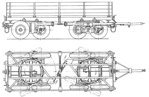 walcowanego pręta o przekroju kwadratowym. Koła, takie same jak w samochodzie ciągnącym, są osadzone na łożyskach piast.