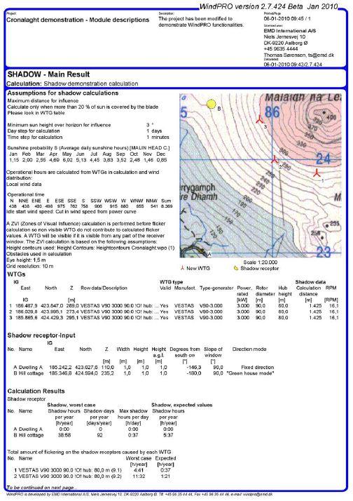 WindPRO: ŚRODOWISKO Moduł SHADOW (padanie cienia) Raport zawiera: Mapę przedstawiającą padanie cienia na wyznaczonym obszarze