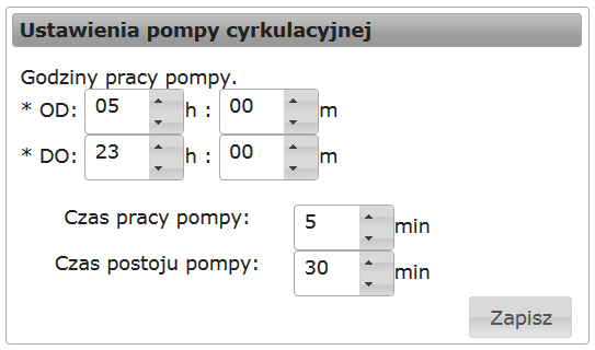 c) Zakładka Bojler CWU Na zakładce Bojler CWU użytkownik steruje pracą zbiornika ciepłej wody użytkowej oraz pracą pompy cyrkulacyjnej. Na rysunku 9 pokazano okno ustawień bojlera CWU.