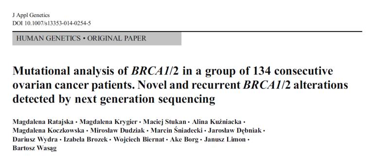 Częstość występowania mutacji BRCA1/2 134 pacjentów z pierwotnym rakiem jajnika mutacja BRCA1/2: n=20 (14,9%) VUS: