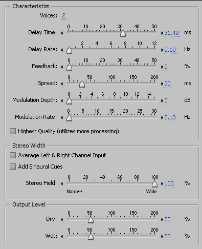 Efekty Chorus Parametry: Liczba głosów liczba kopii sygnału Częstotliwość sygnału modulującego LFO < 3 Hz (typowo ok.