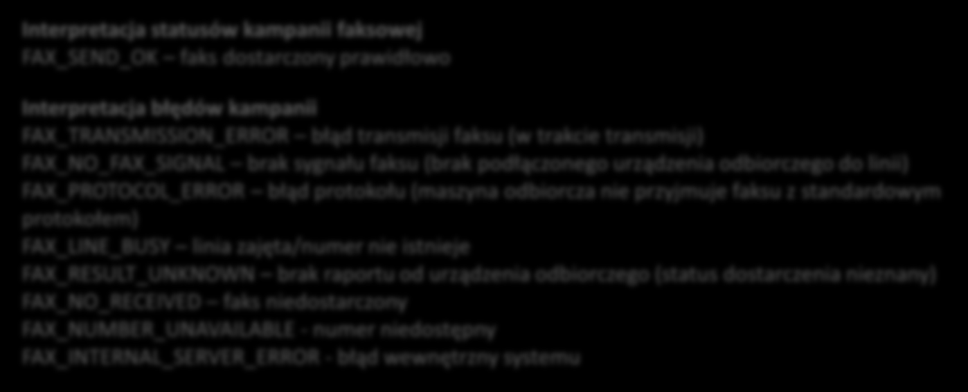 Interpretacja statusów kampanii faksowej FAX_SEND_OK faks dostarczony prawidłowo Raportowanie kampanii faksowej (FAX) Interpretacja błędów kampanii FAX_TRANSMISSION_ERROR błąd transmisji faksu (w